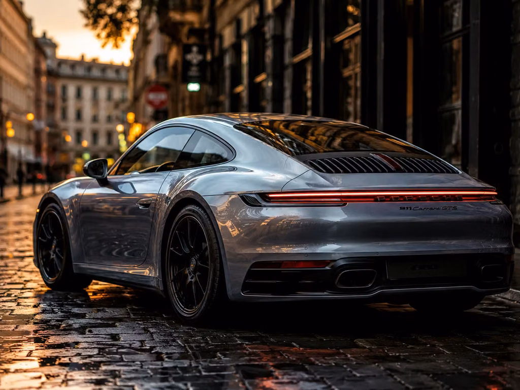 Porsche : comment préserver le luxe à l’heure de l’électrification ? 1 porsche argent dans une rue au crepuscule